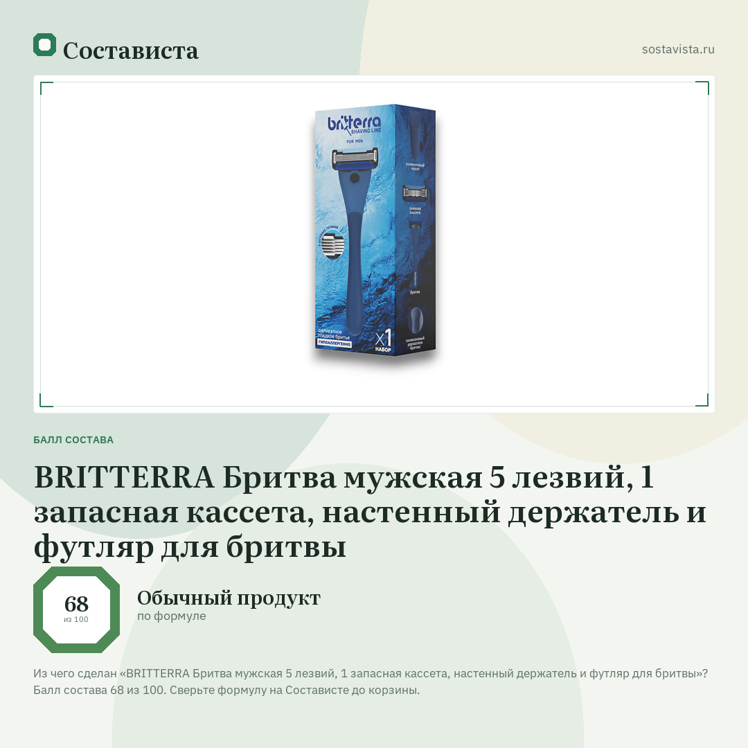 BRITTERRA Бритва мужская 5 лезвий, 1 запасная кассета, настенный держатель и футляр для бритвы: балл состава 68 из 100 — Состависта