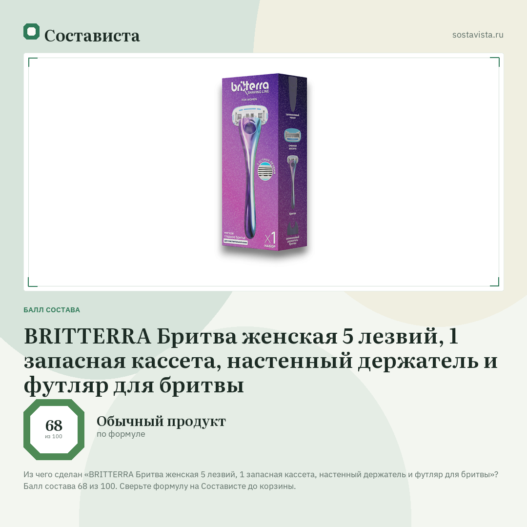 BRITTERRA Бритва женская 5 лезвий, 1 запасная кассета, настенный держатель и футляр для бритвы: балл состава 68 из 100 — Состависта
