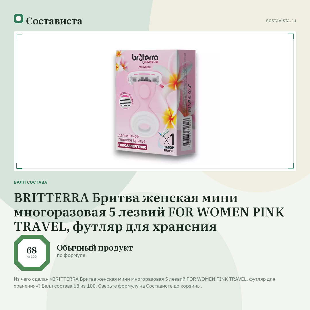 BRITTERRA Бритва женская мини многоразовая 5 лезвий FOR WOMEN PINK TRAVEL, футляр для хранения: балл состава 68 из 100 — Состависта