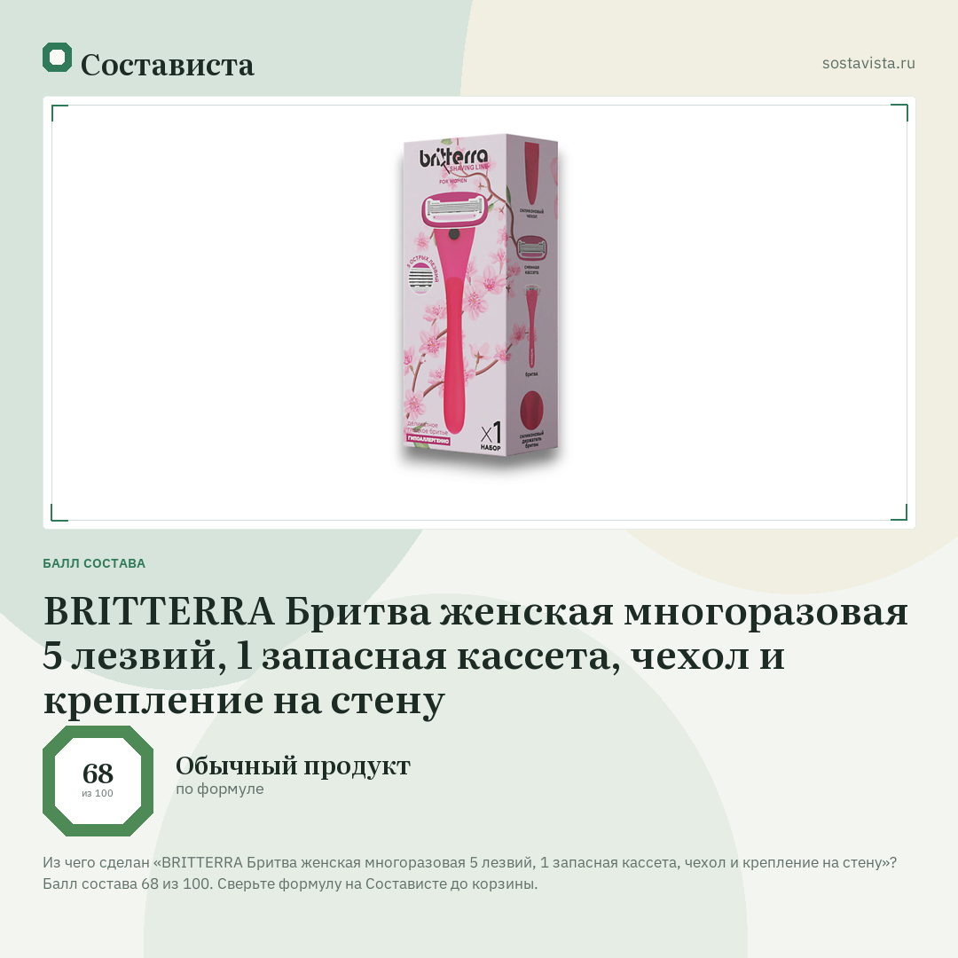 BRITTERRA Бритва женская многоразовая 5 лезвий, 1 запасная кассета, чехол и крепление на стену: балл состава 68 из 100 — Состависта