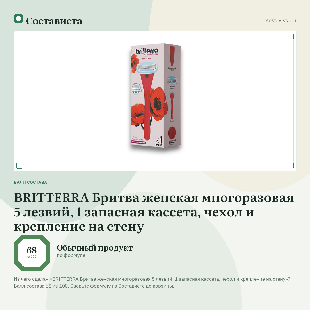 BRITTERRA Бритва женская многоразовая 5 лезвий, 1 запасная кассета, чехол и крепление на стену: балл состава 68 из 100 — Состависта