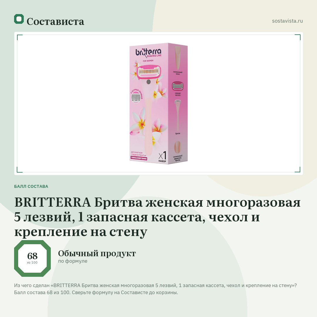 BRITTERRA Бритва женская многоразовая 5 лезвий, 1 запасная кассета, чехол и крепление на стену: балл состава 68 из 100 — Состависта