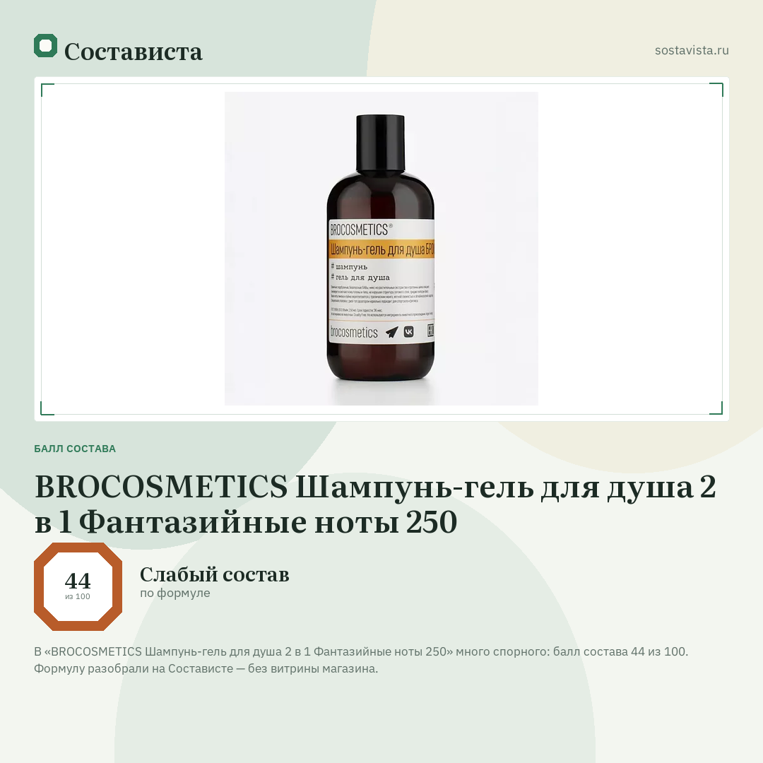 BROCOSMETICS Шампунь-гель для душа 2 в 1 Фантазийные ноты 250: балл состава 44 из 100 — Состависта