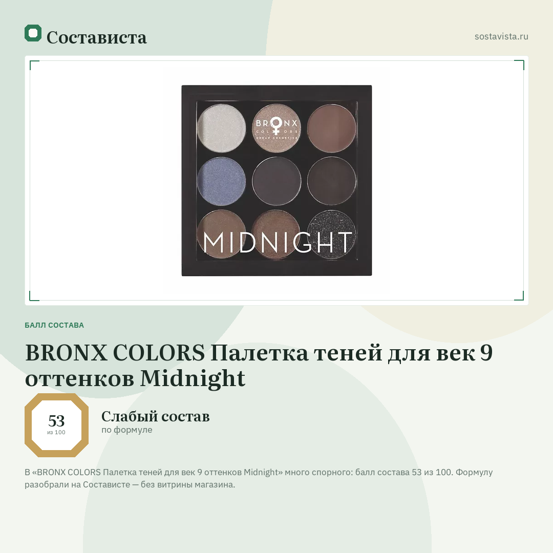 BRONX COLORS Палетка теней для век 9 оттенков Midnight: балл состава 53 из 100 — Состависта