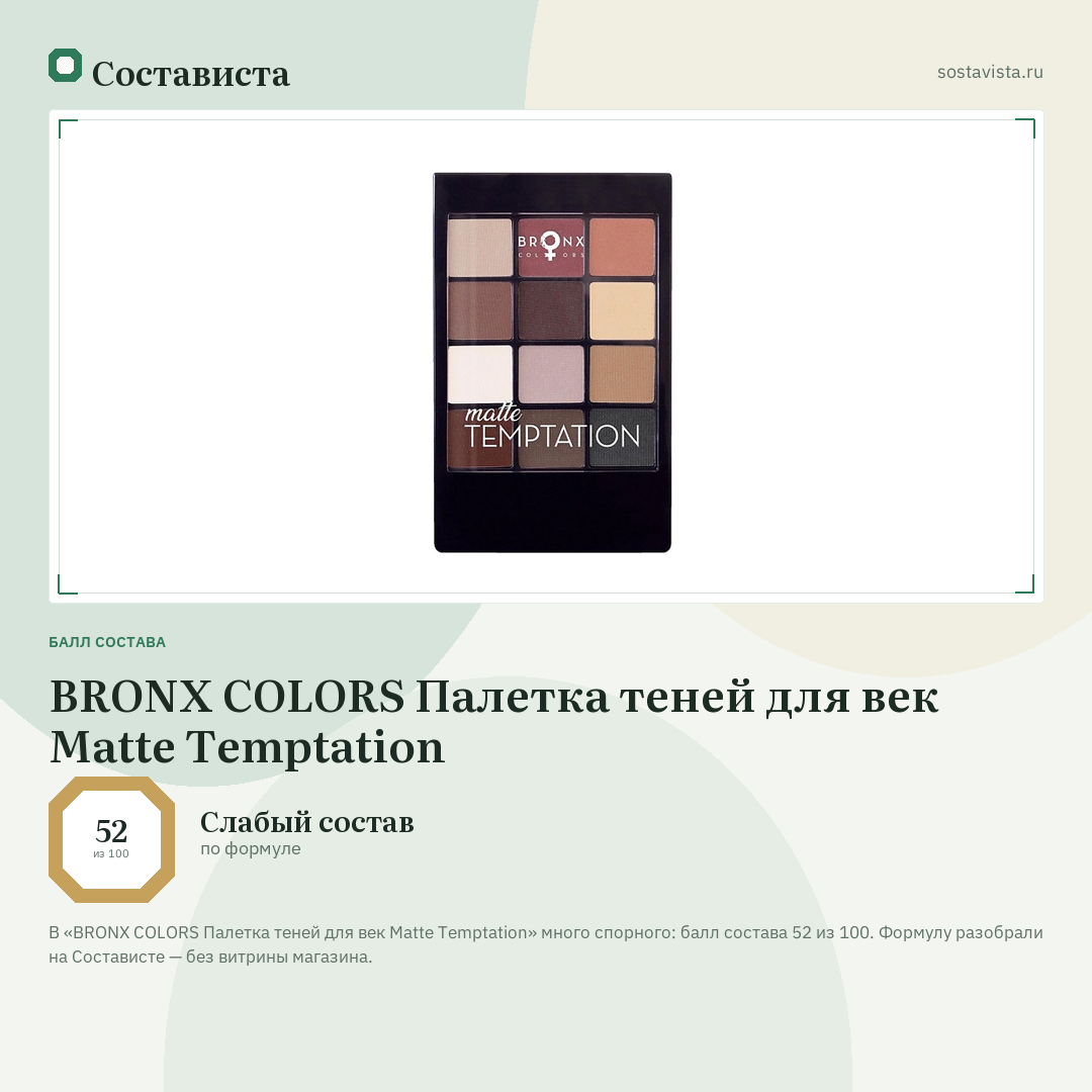 BRONX COLORS Палетка теней для век Matte Temptation: балл состава 52 из 100 — Состависта