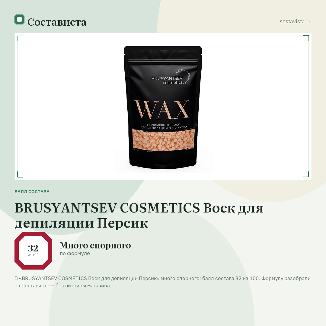 BRUSYANTSEV COSMETICS Воск для депиляции Персик: балл состава 32 из 100 — Состависта