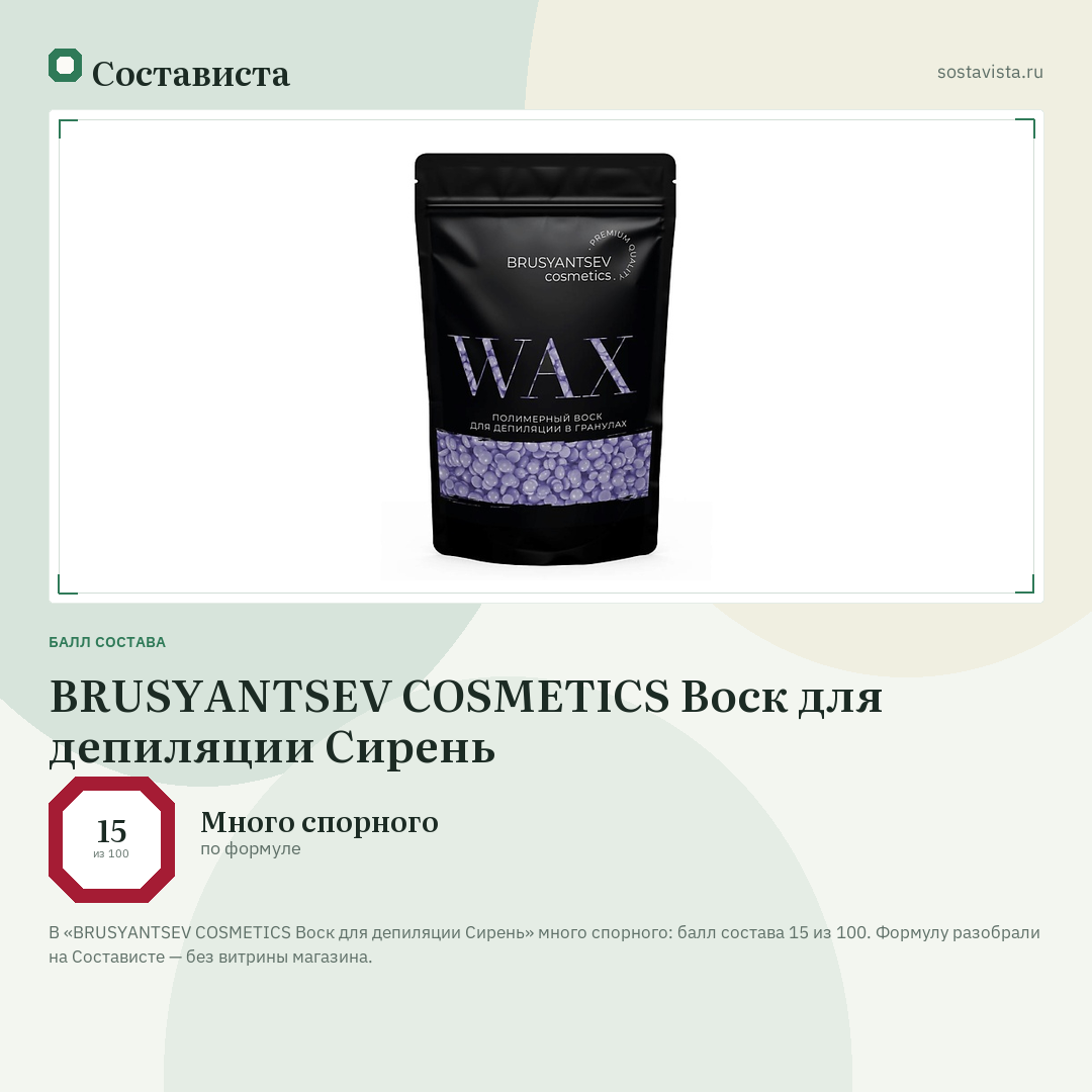 BRUSYANTSEV COSMETICS Воск для депиляции Сирень: балл состава 15 из 100 — Состависта