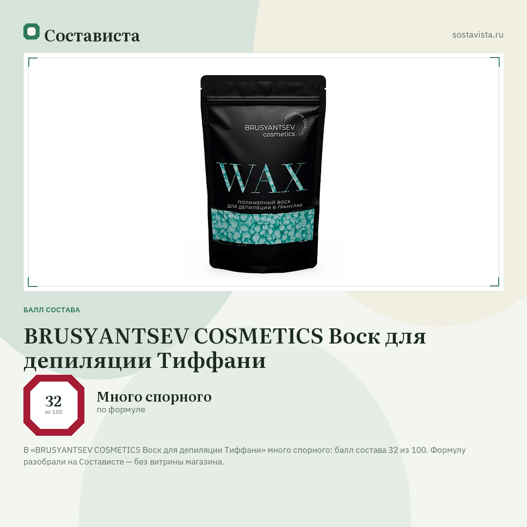 BRUSYANTSEV COSMETICS Воск для депиляции Тиффани: балл состава 32 из 100 — Состависта