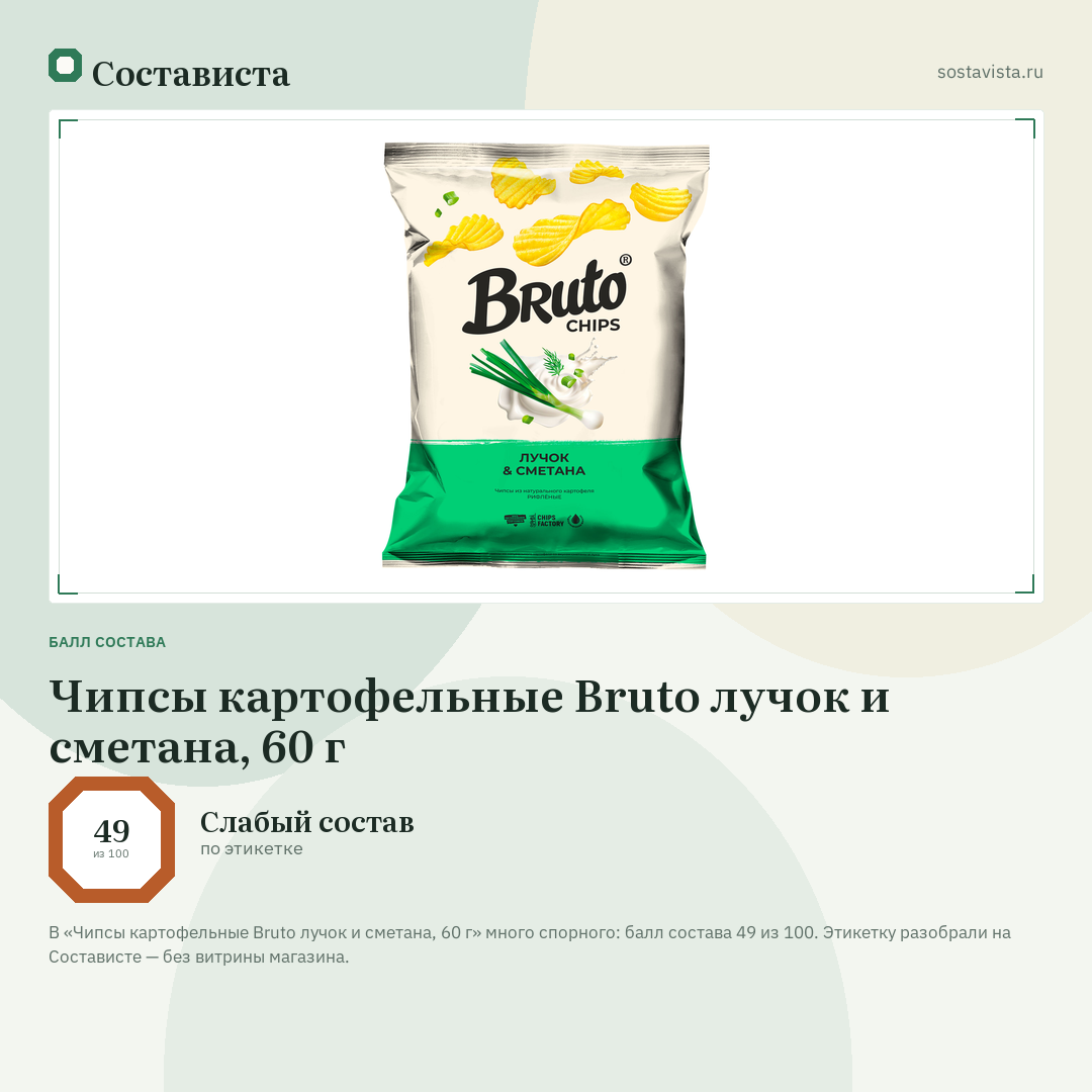 Чипсы картофельные Bruto лучок и сметана, 60 г: балл состава 49 из 100 — Состависта