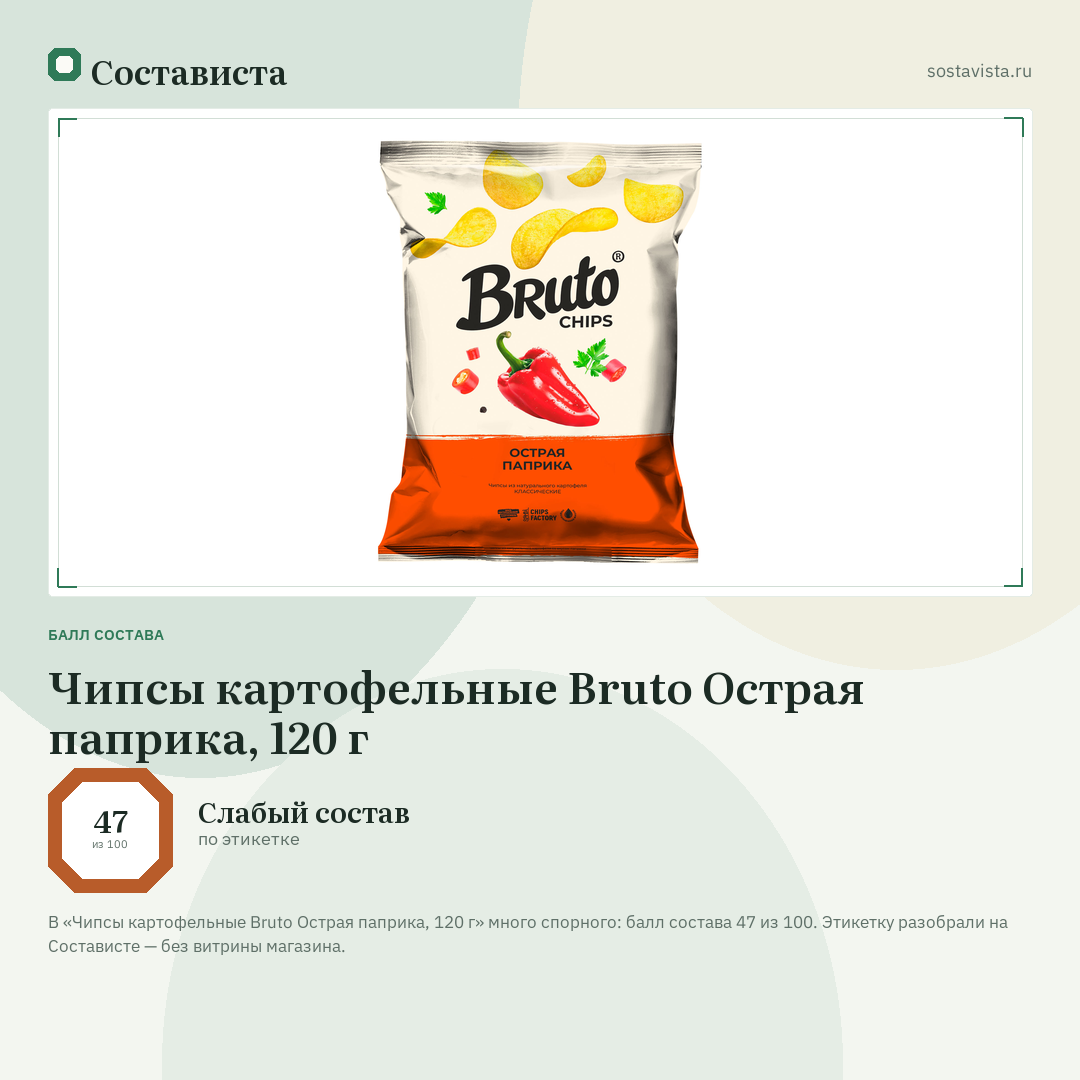 Чипсы картофельные Bruto Острая паприка, 120 г: балл состава 47 из 100 — Состависта