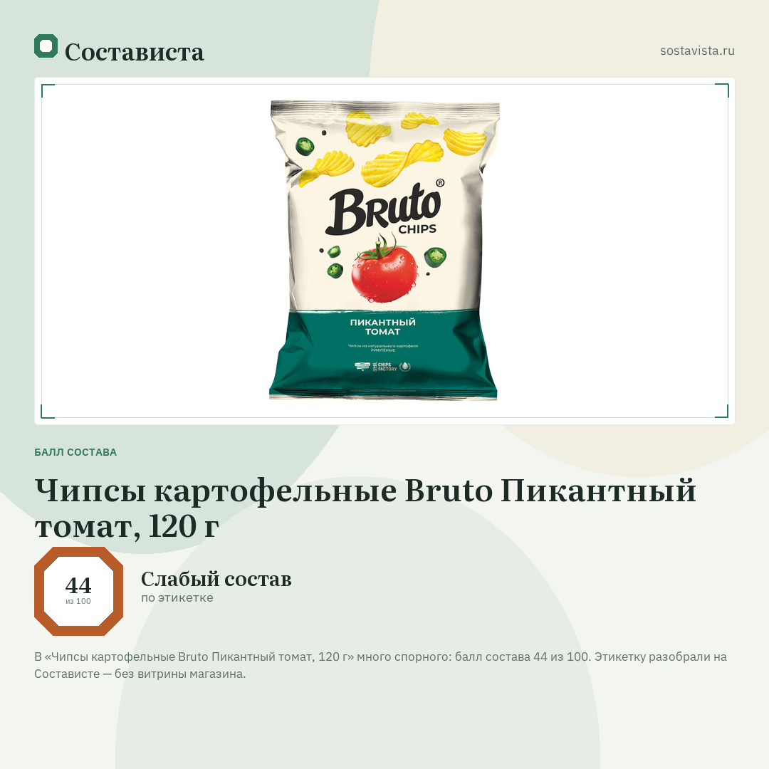 Чипсы картофельные Bruto Пикантный томат, 120 г: балл состава 44 из 100 — Состависта