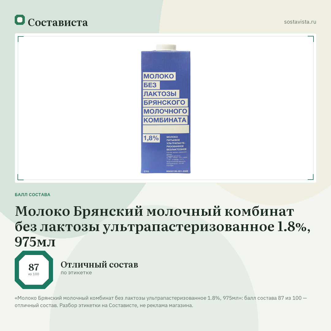 Молоко Брянский молочный комбинат без лактозы ультрапастеризованное 1.8%, 975мл: балл состава 87 из 100 — Состависта