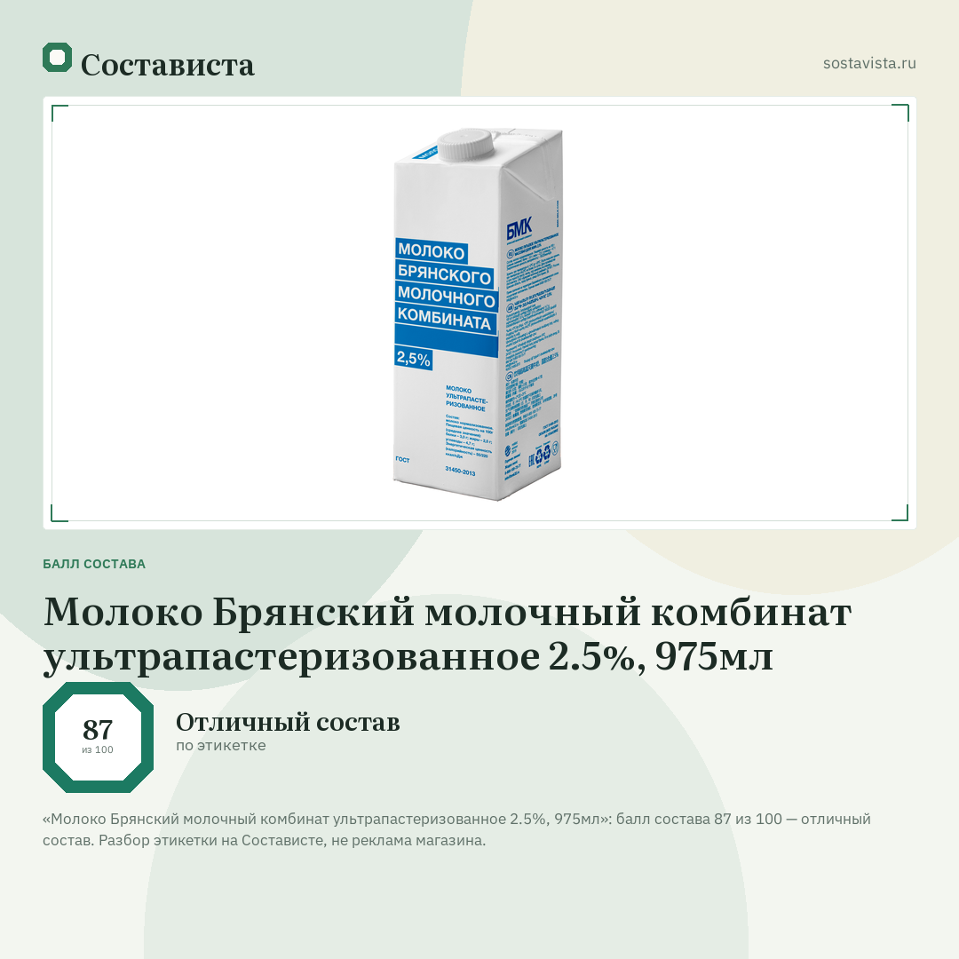 Молоко Брянский молочный комбинат ультрапастеризованное 2.5%, 975мл: балл состава 87 из 100 — Состависта
