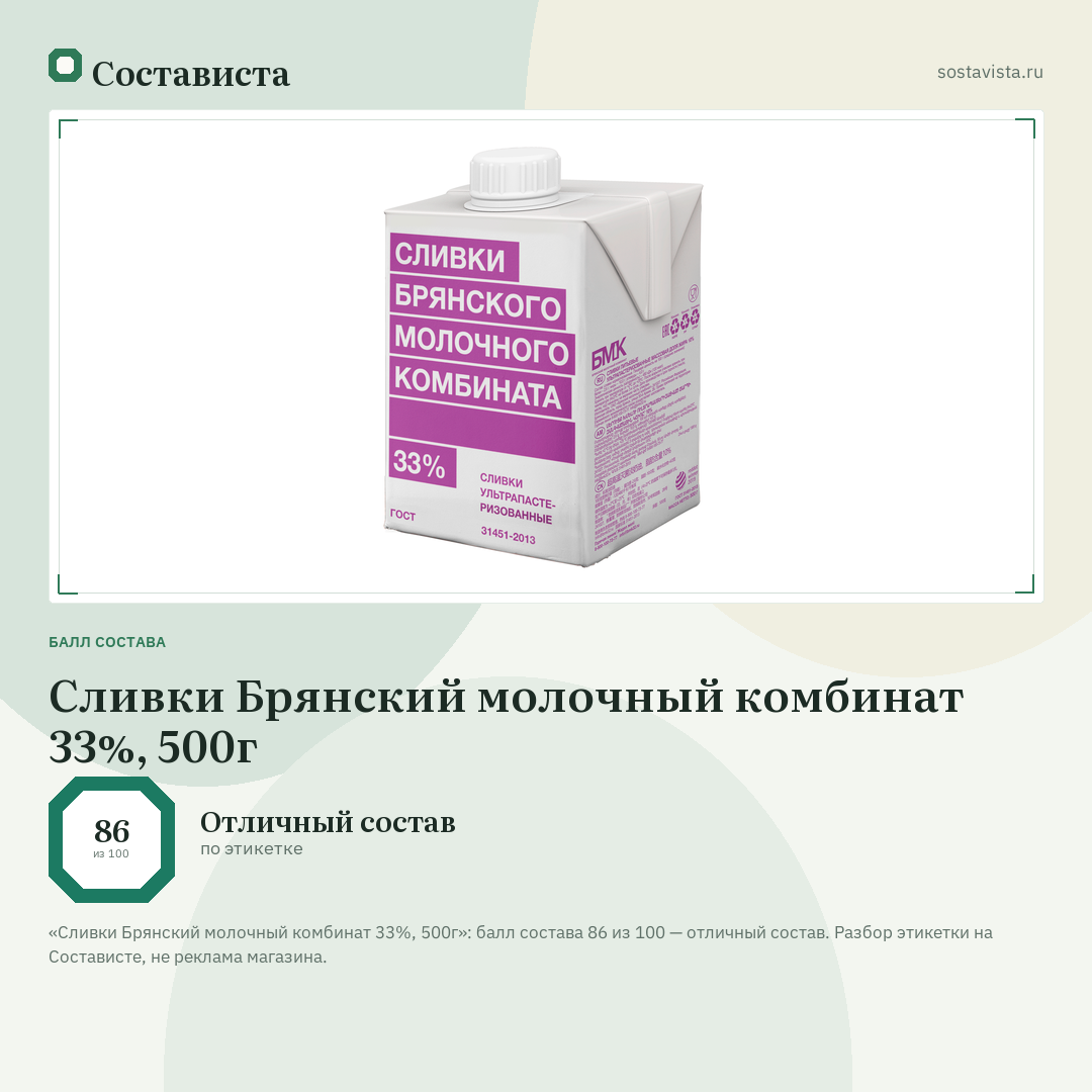 Сливки Брянский молочный комбинат 33%, 500г: балл состава 86 из 100 — Состависта