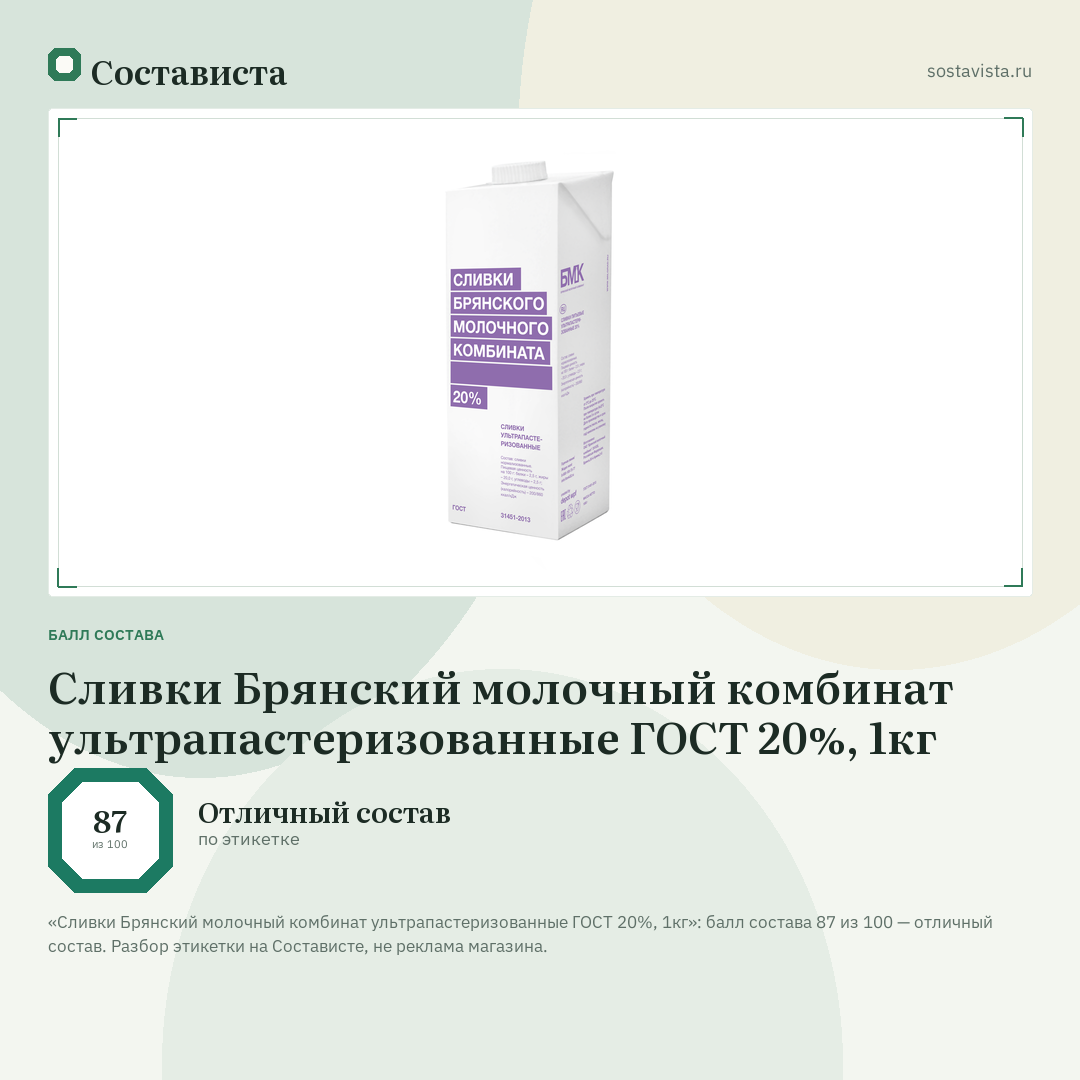 Сливки Брянский молочный комбинат ультрапастеризованные ГОСТ 20%, 1кг: балл состава 87 из 100 — Состависта
