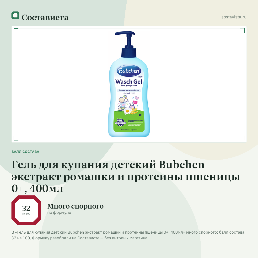 Гель для купания детский Bubchen экстракт ромашки и протеины пшеницы 0+, 400мл: балл состава 32 из 100 — Состависта