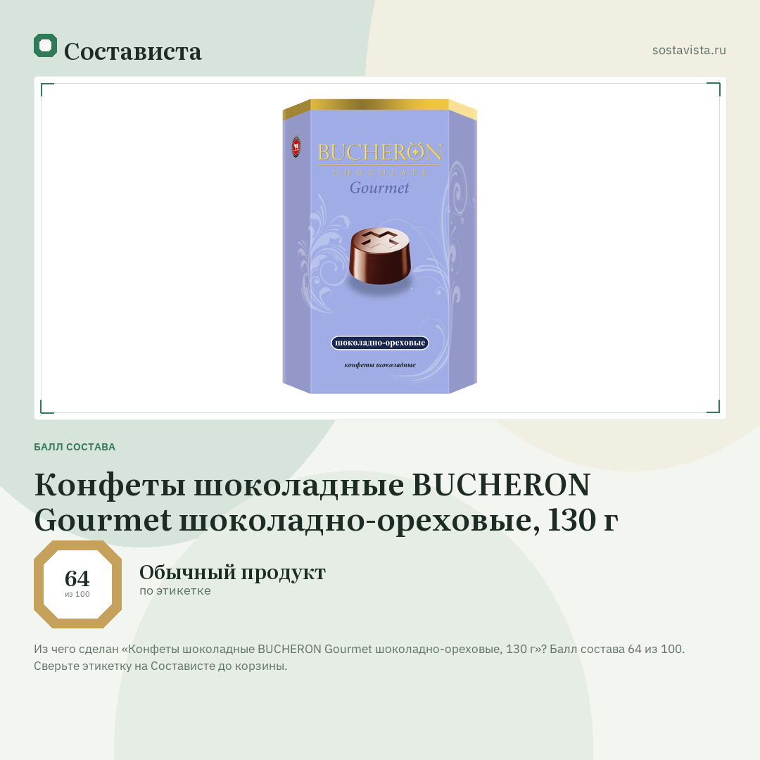 Конфеты шоколадные BUCHERON Gourmet шоколадно-ореховые, 130 г: балл состава 64 из 100 — Состависта
