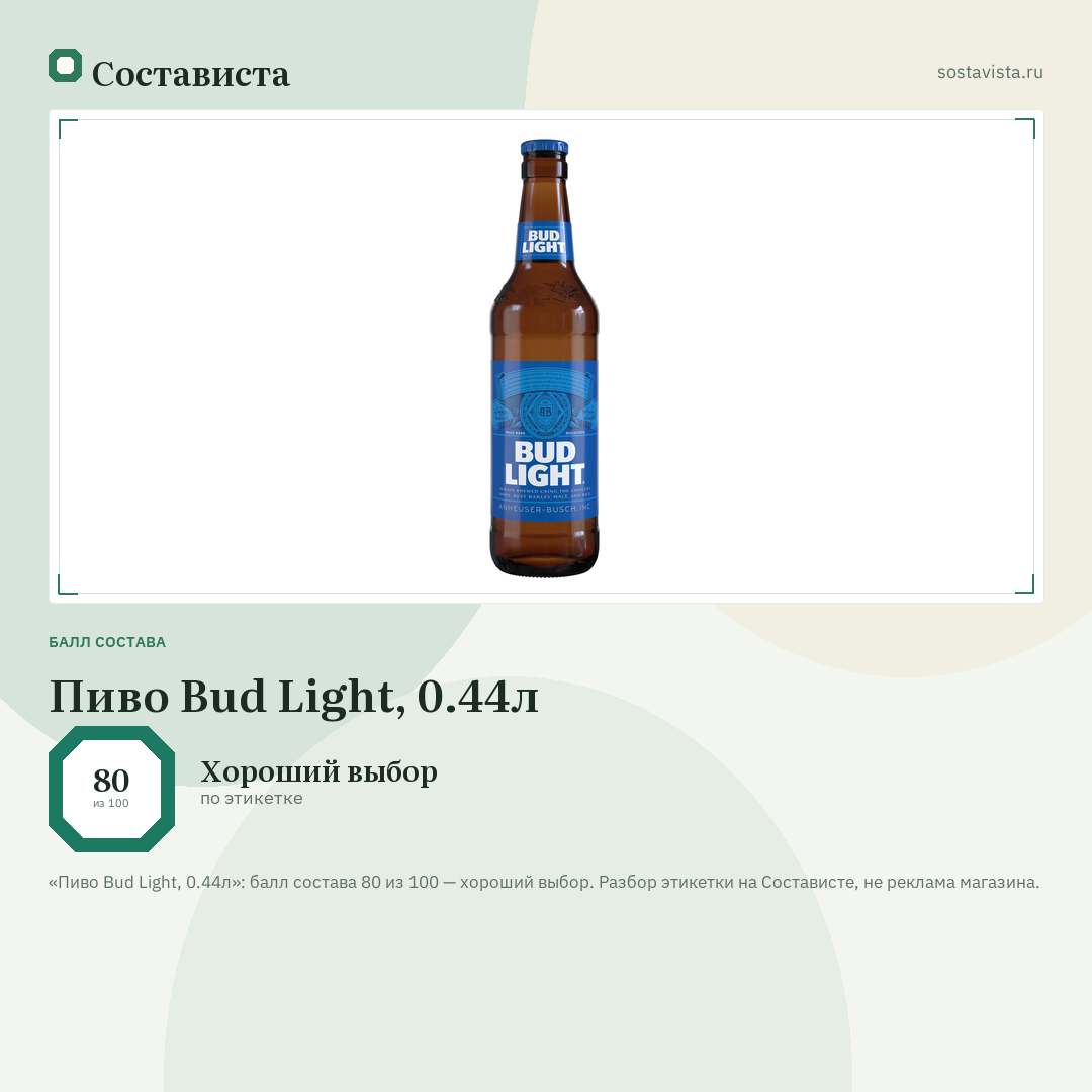 Пиво Bud Light, 0.44л: балл состава 80 из 100 — Состависта