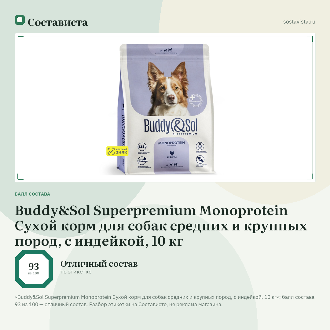 Buddy&Sol Superpremium Monoprotein Сухой корм для собак средних и крупных пород, с индейкой, 10 кг: балл состава 93 из 100 — Состависта