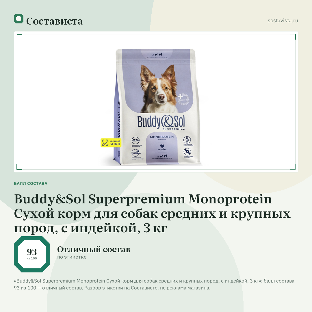 Buddy&Sol Superpremium Monoprotein Сухой корм для собак средних и крупных пород, с индейкой, 3 кг: балл состава 93 из 100 — Состависта