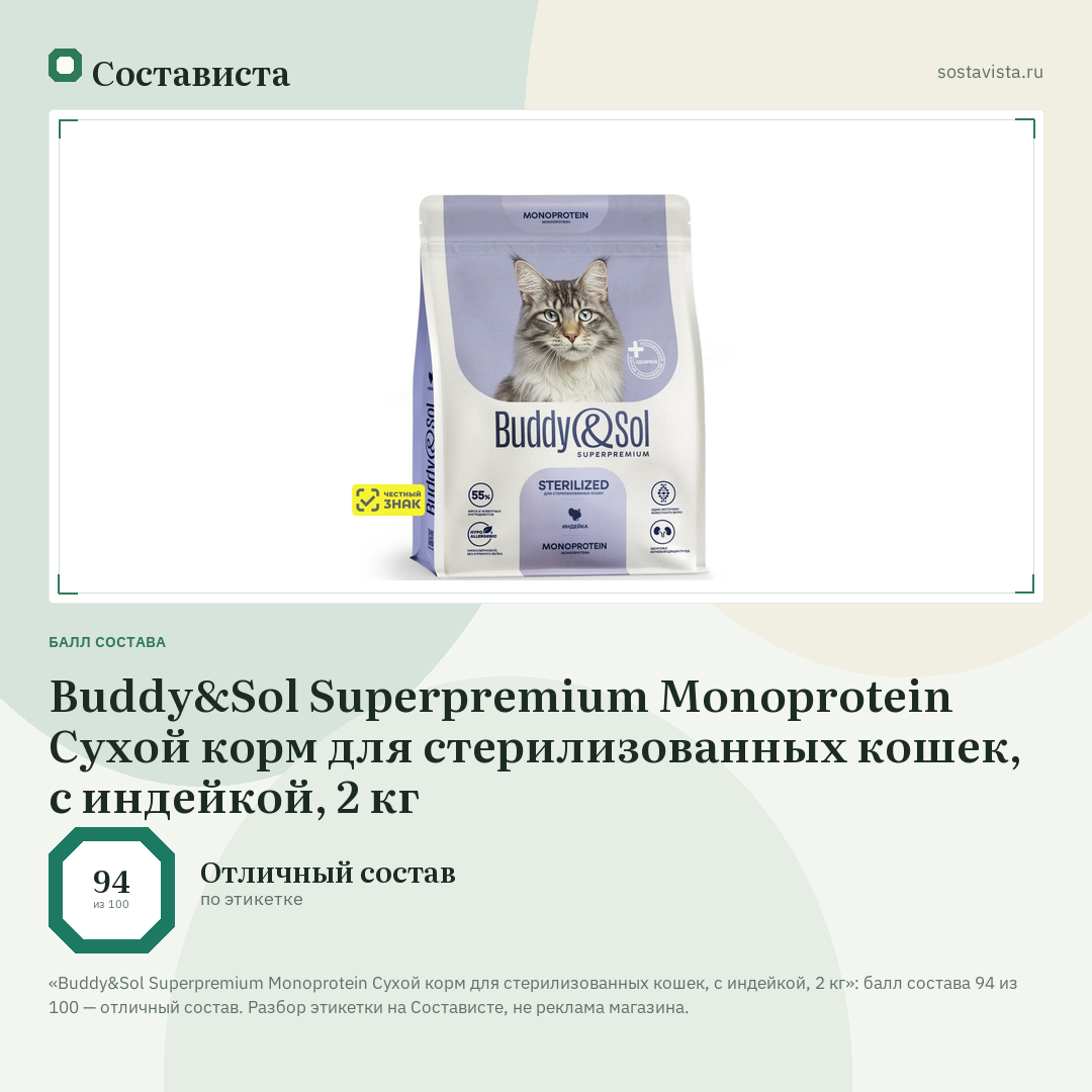Buddy&Sol Superpremium Monoprotein Сухой корм для стерилизованных кошек, с индейкой, 2 кг: балл состава 94 из 100 — Состависта