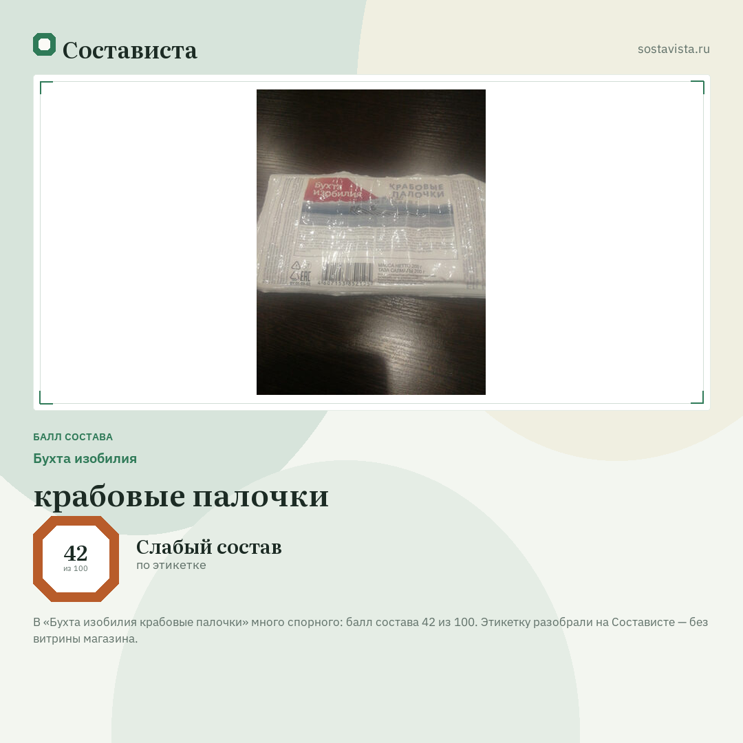 Бухта изобилия крабовые палочки: балл состава 42 из 100 — Состависта