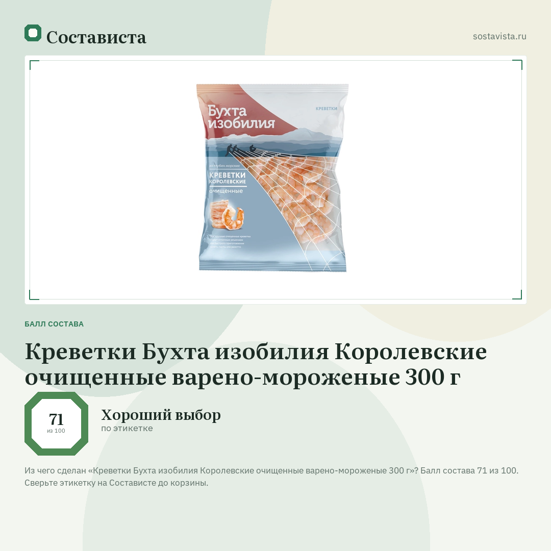 Креветки Бухта изобилия Королевские очищенные варено-мороженые 300 г: балл состава 71 из 100 — Состависта