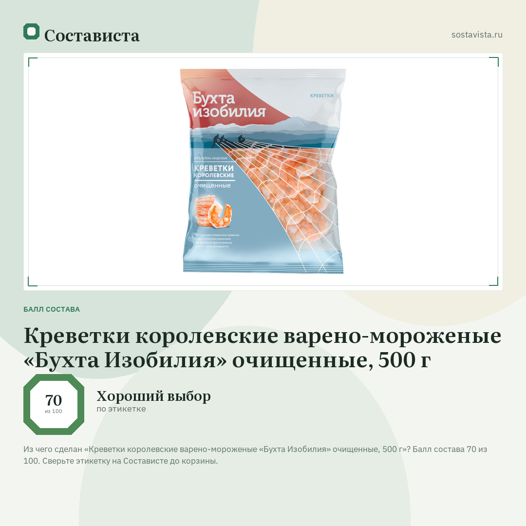 Креветки королевские варено-мороженые «Бухта Изобилия» очищенные, 500 г: балл состава 70 из 100 — Состависта