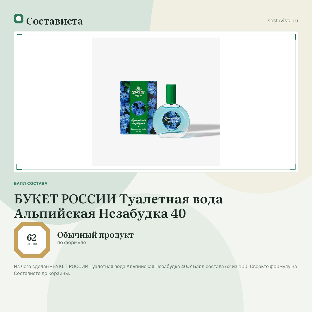 БУКЕТ РОССИИ Туалетная вода Альпийская Незабудка 40: балл состава 62 из 100 — Состависта