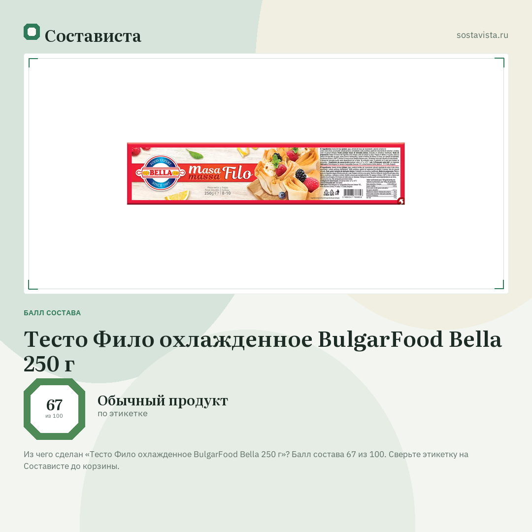 Тесто Фило охлажденное BulgarFood Bella 250 г: балл состава 67 из 100 — Состависта