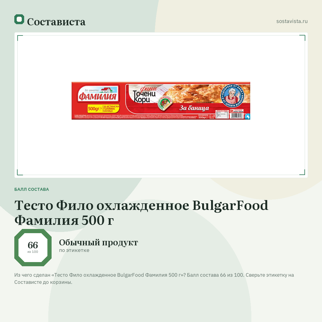 Тесто Фило охлажденное BulgarFood Фамилия 500 г: балл состава 66 из 100 — Состависта