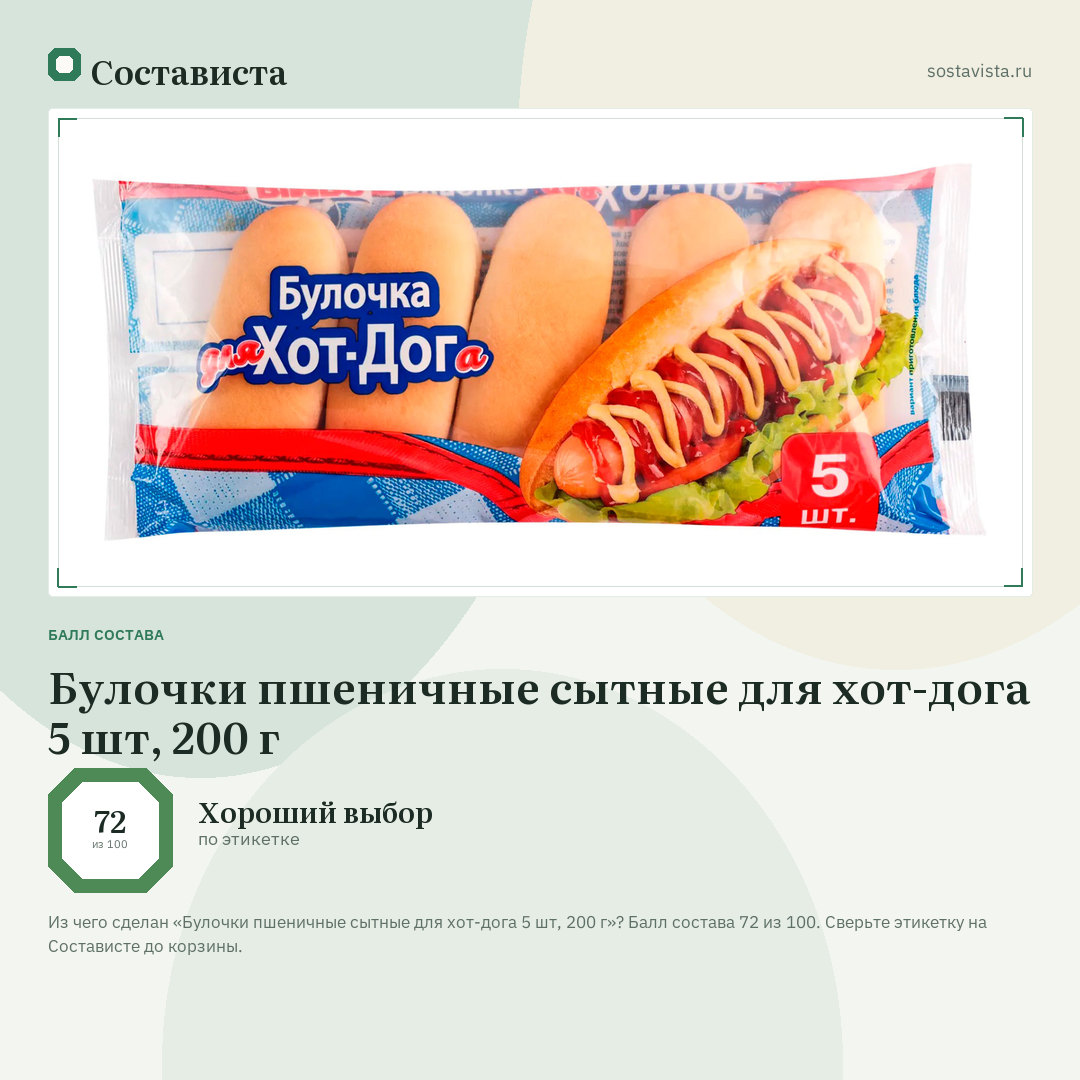 Булочки пшеничные сытные для хот-дога 5 шт, 200 г: балл состава 72 из 100 — Состависта