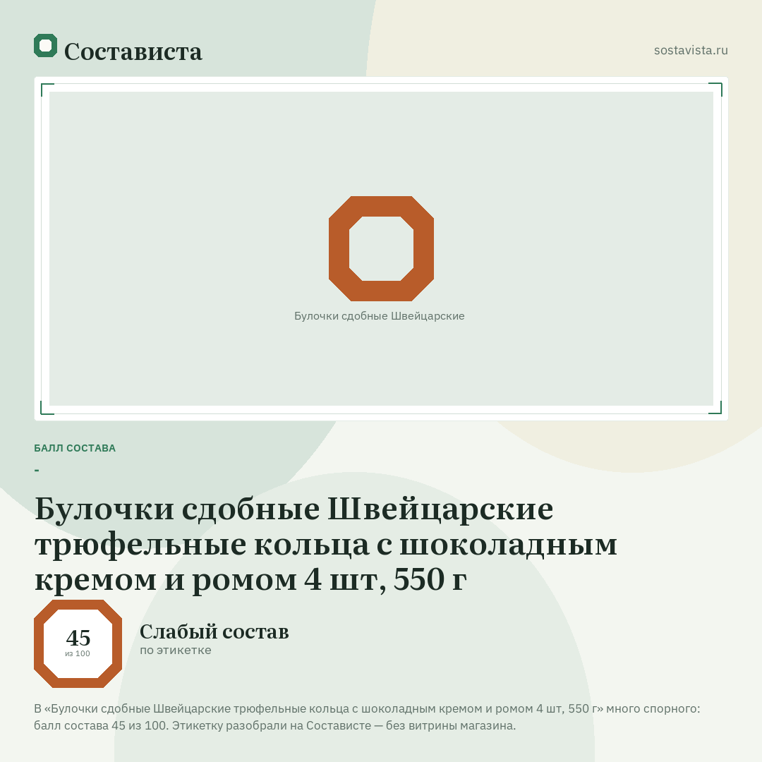 Булочки сдобные Швейцарские трюфельные кольца с шоколадным кремом и ромом 4 шт, 550 г: балл состава 45 из 100 — Состависта