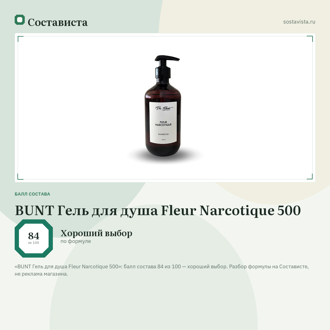 BUNT Гель для душа Fleur Narcotique 500: балл состава 84 из 100 — Состависта