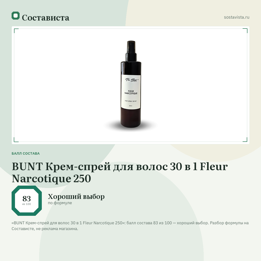 BUNT Крем-спрей для волос 30 в 1 Fleur Narcotique 250: балл состава 83 из 100 — Состависта