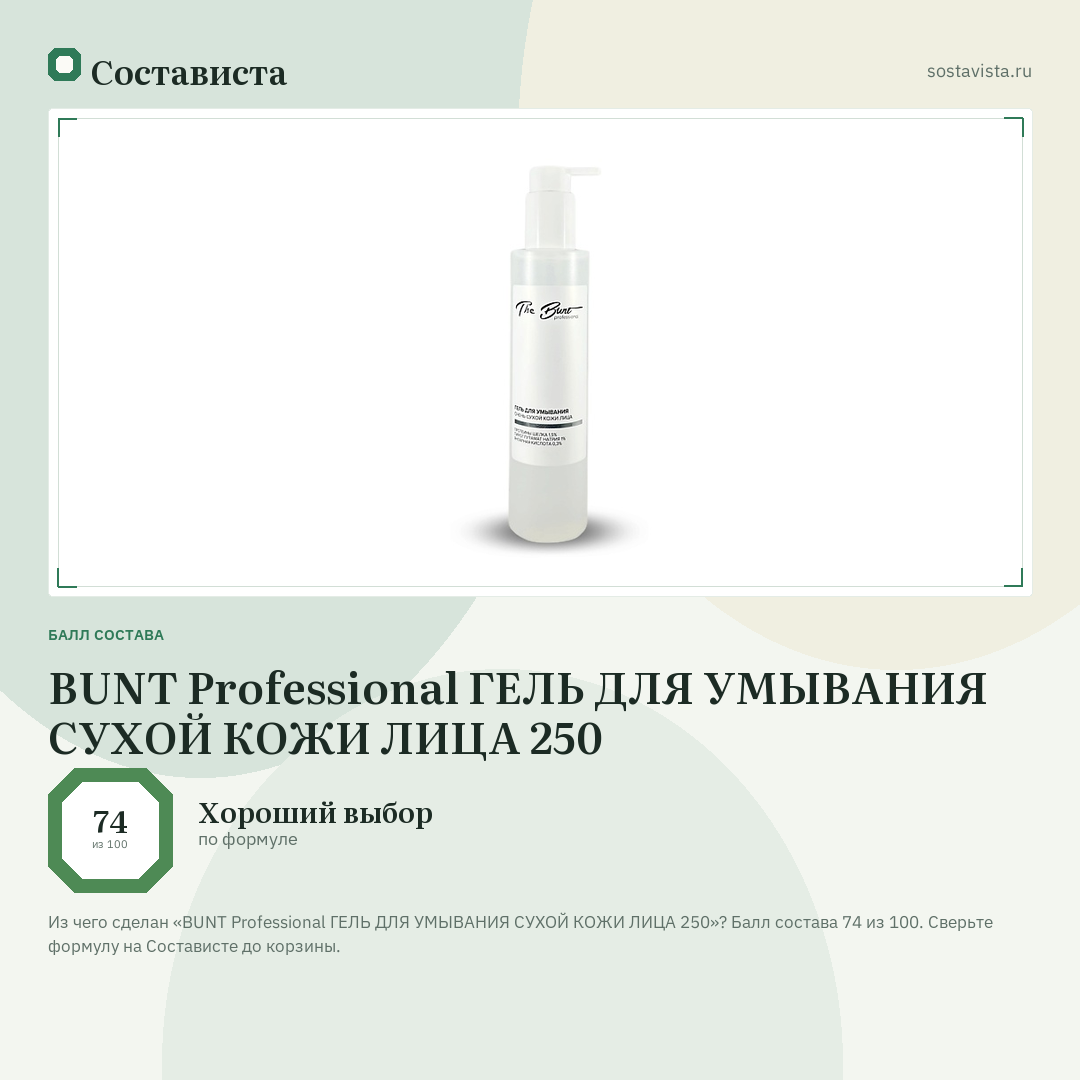 BUNT Professional ГЕЛЬ ДЛЯ УМЫВАНИЯ СУХОЙ КОЖИ ЛИЦА 250: балл состава 74 из 100 — Состависта