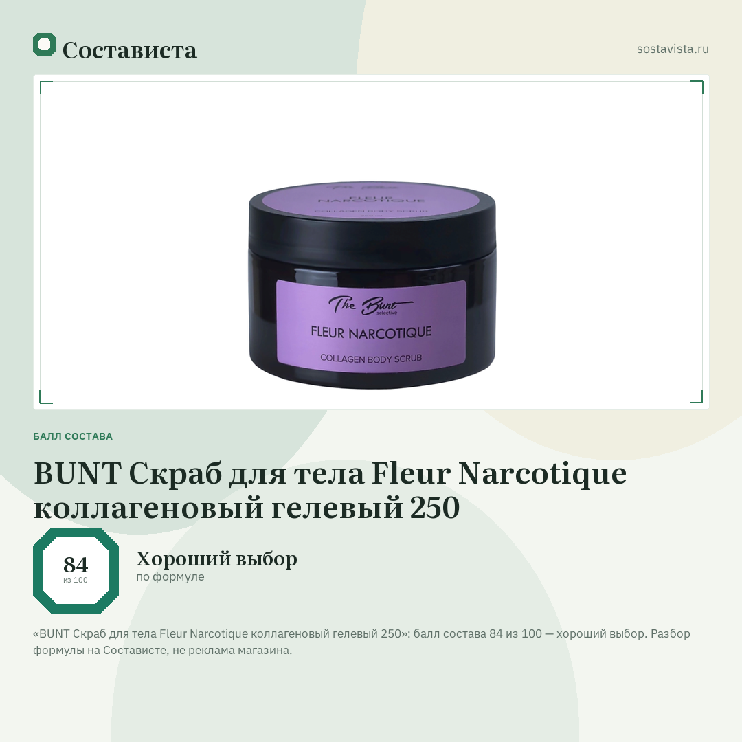 BUNT Скраб для тела Fleur Narcotique коллагеновый гелевый 250: балл состава 84 из 100 — Состависта