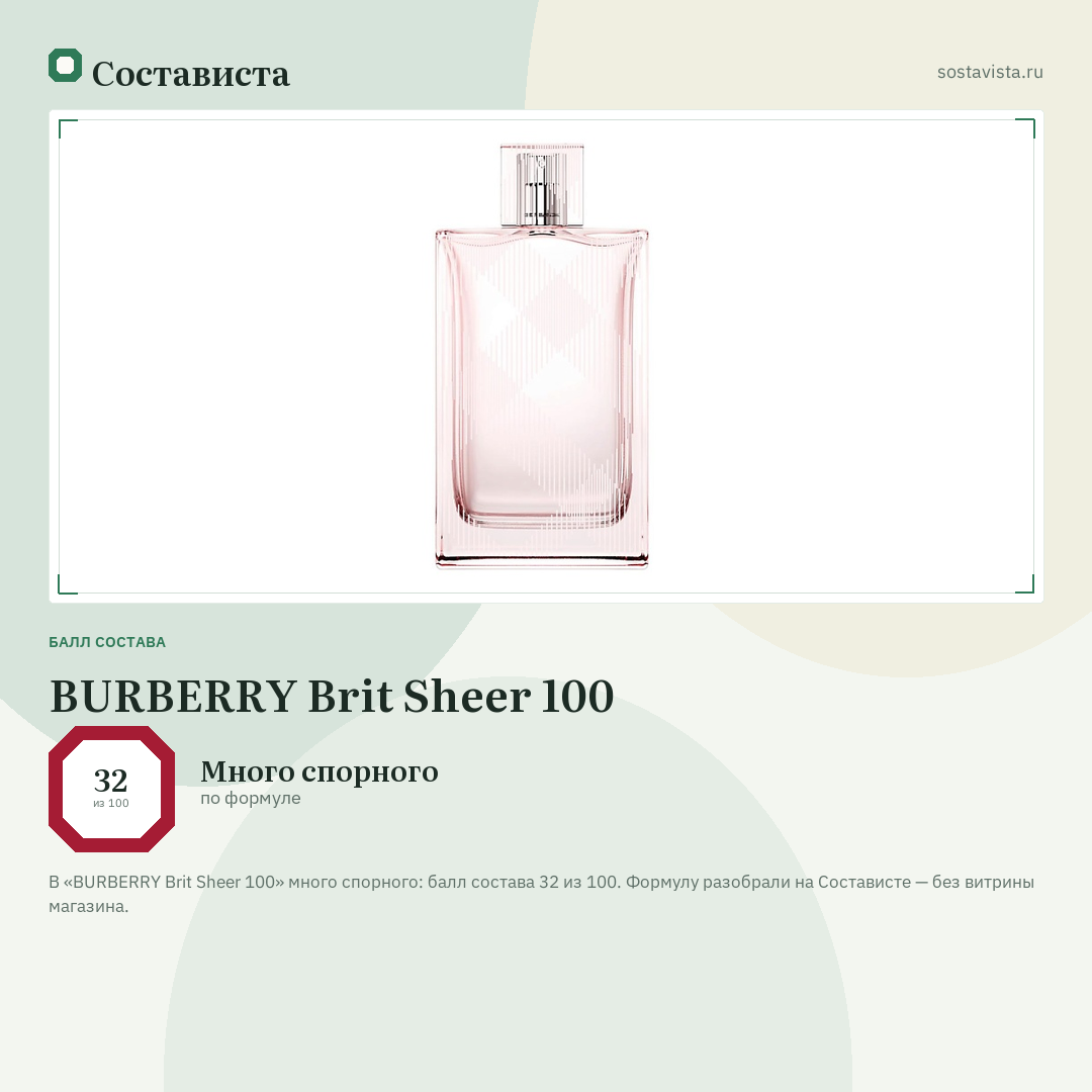 BURBERRY Brit Sheer 100: балл состава 32 из 100 — Состависта