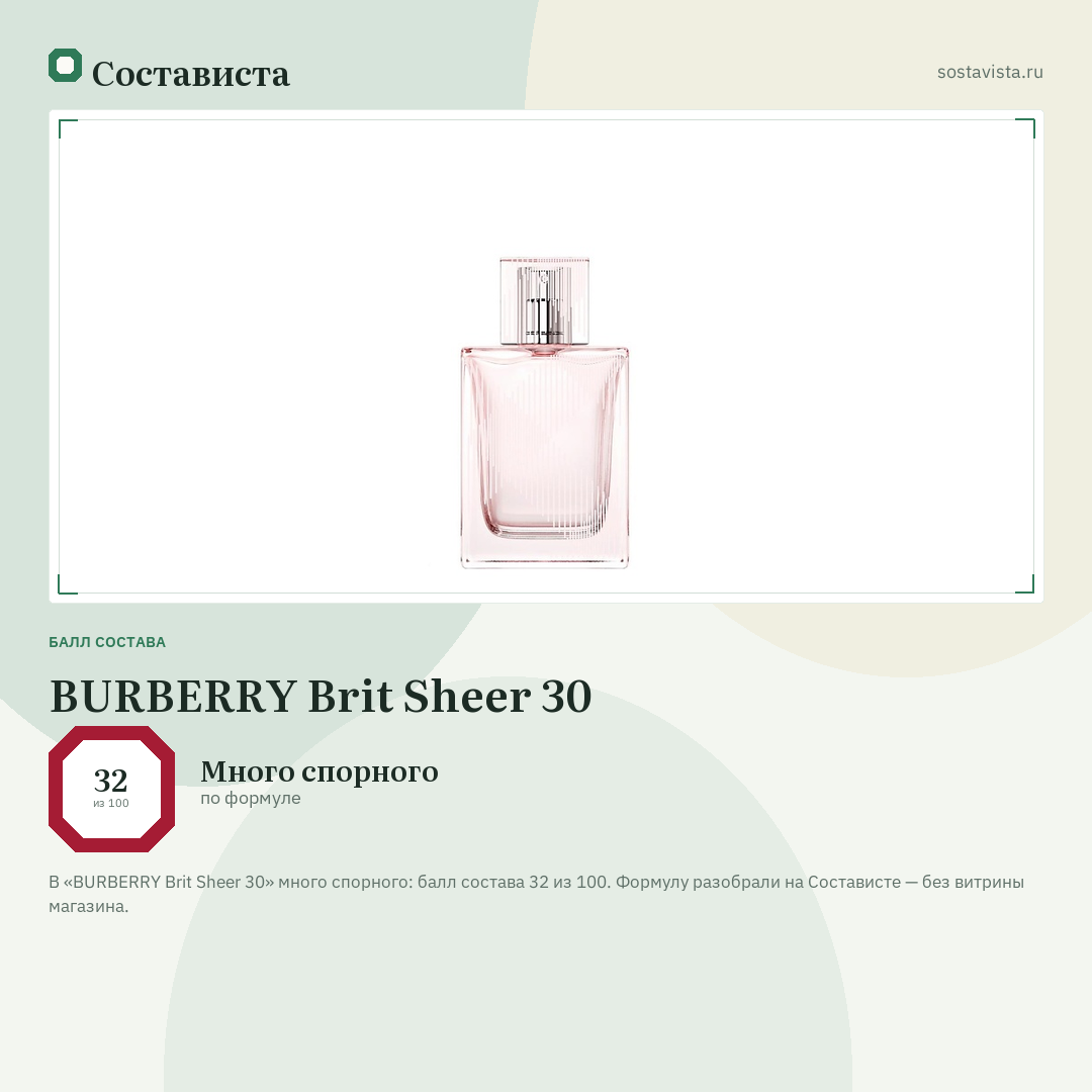 BURBERRY Brit Sheer 30: балл состава 32 из 100 — Состависта