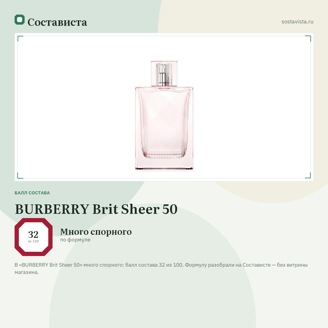 BURBERRY Brit Sheer 50: балл состава 32 из 100 — Состависта