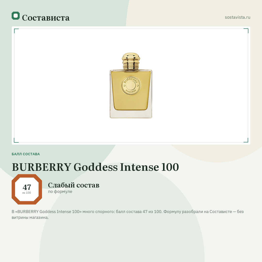BURBERRY Goddess Intense 100: балл состава 47 из 100 — Состависта
