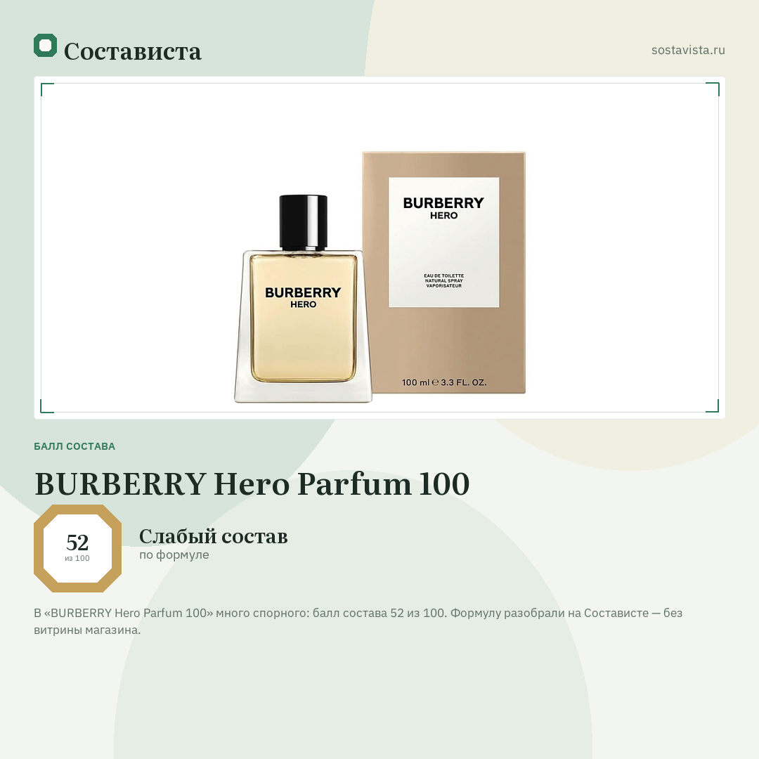 BURBERRY Hero Parfum 100: балл состава 52 из 100 — Состависта