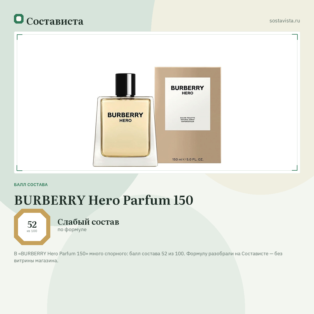 BURBERRY Hero Parfum 150: балл состава 52 из 100 — Состависта
