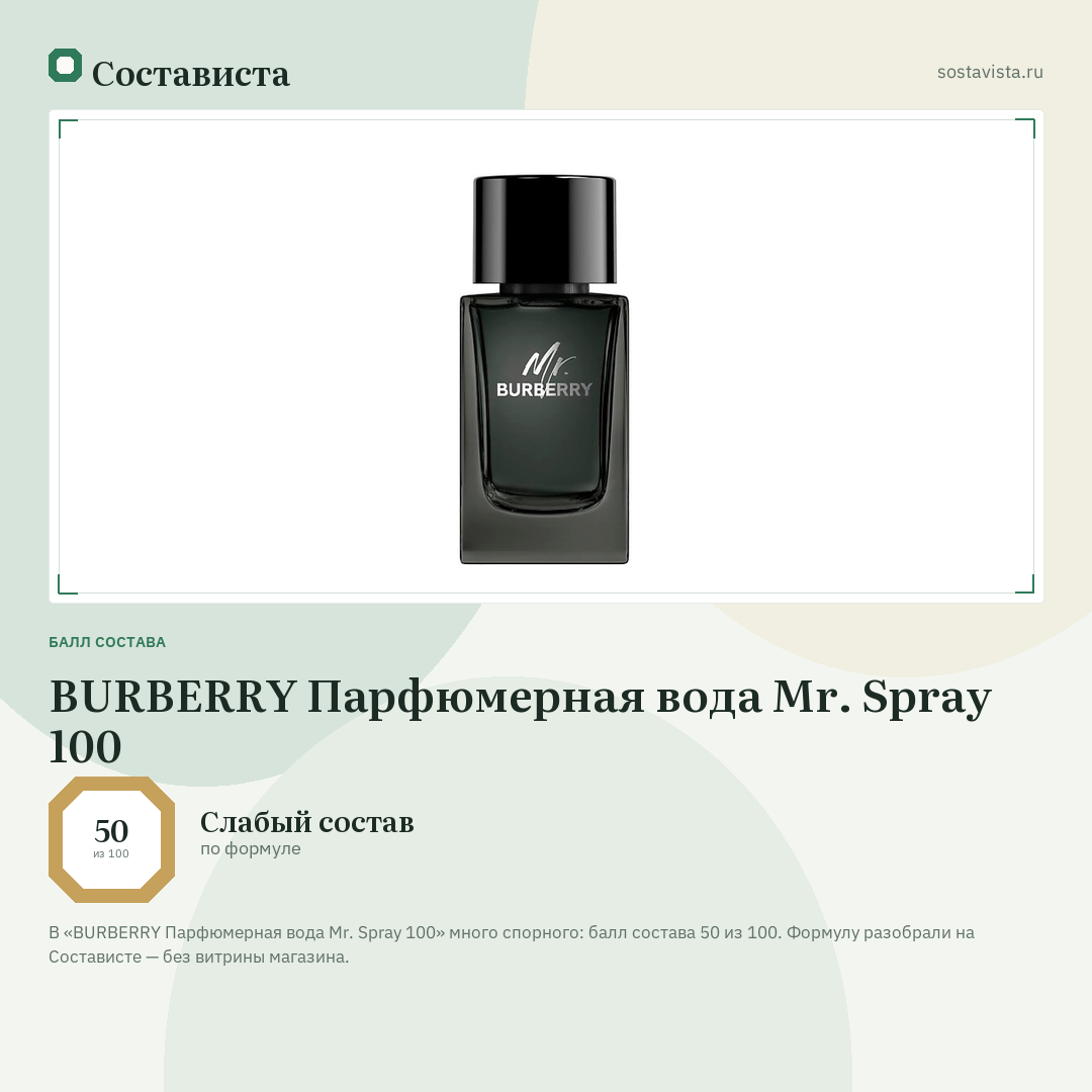 BURBERRY Парфюмерная вода Mr. Spray 100: балл состава 50 из 100 — Состависта