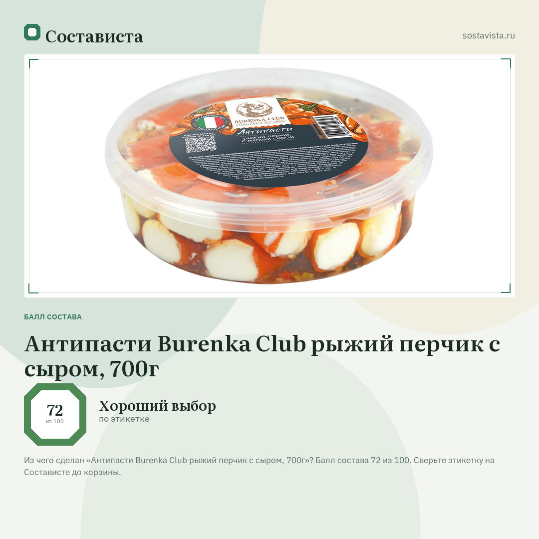 Антипасти Burenka Club рыжий перчик с сыром, 700г: балл состава 72 из 100 — Состависта