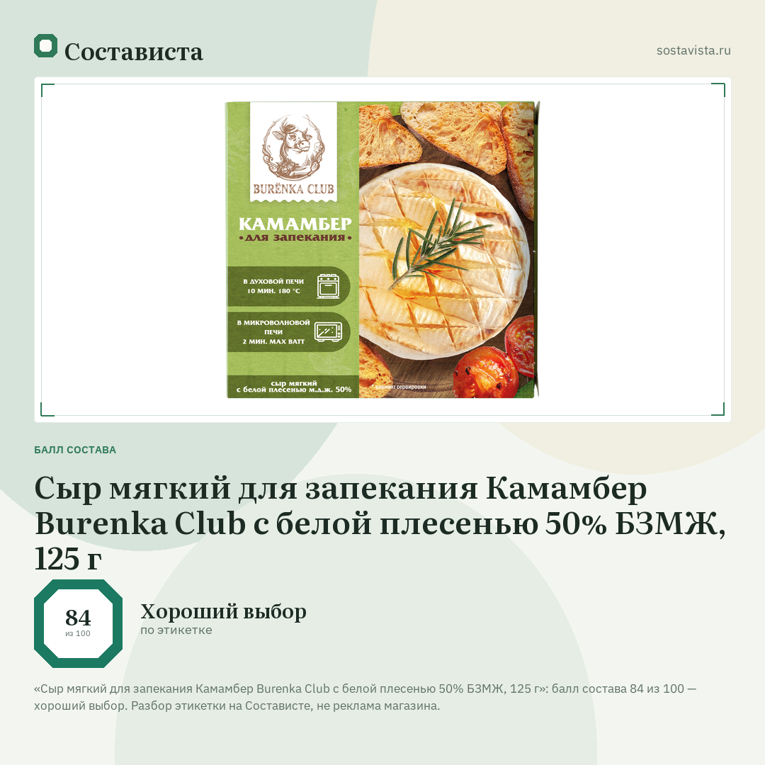Сыр мягкий для запекания Камамбер Burenka Club с белой плесенью 50% БЗМЖ, 125 г: балл состава 84 из 100 — Состависта