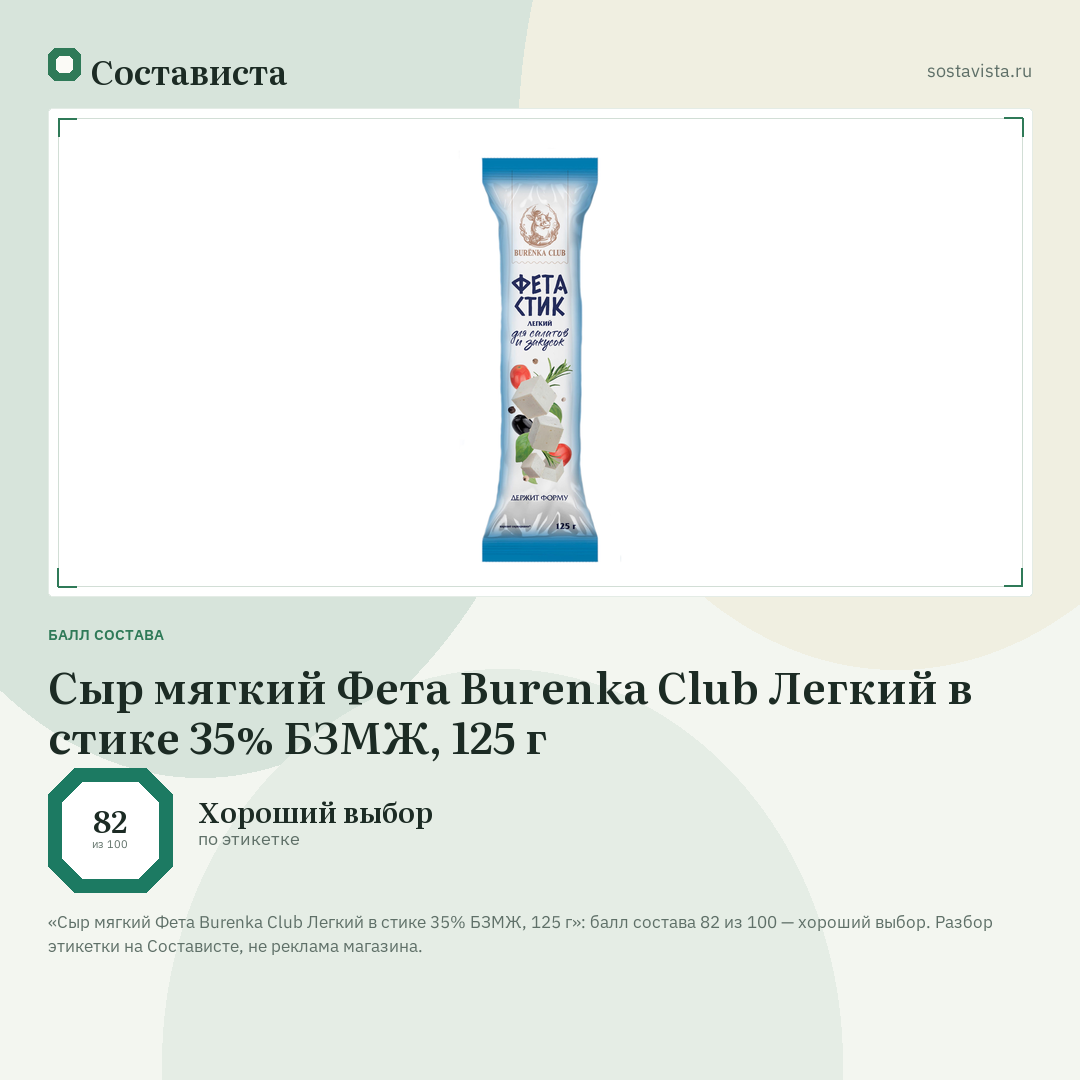 Сыр мягкий Фета Burenka Club Легкий в стике 35% БЗМЖ, 125 г: балл состава 82 из 100 — Состависта