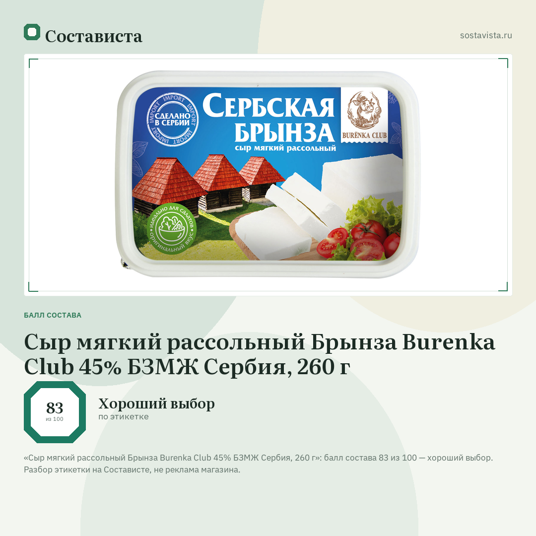 Сыр мягкий рассольный Брынза Burenka Club 45% БЗМЖ Сербия, 260 г: балл состава 83 из 100 — Состависта