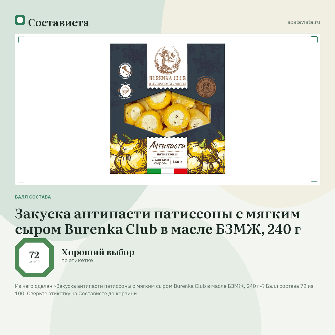 Закуска антипасти патиссоны с мягким сыром Burenka Club в масле БЗМЖ, 240 г: балл состава 72 из 100 — Состависта