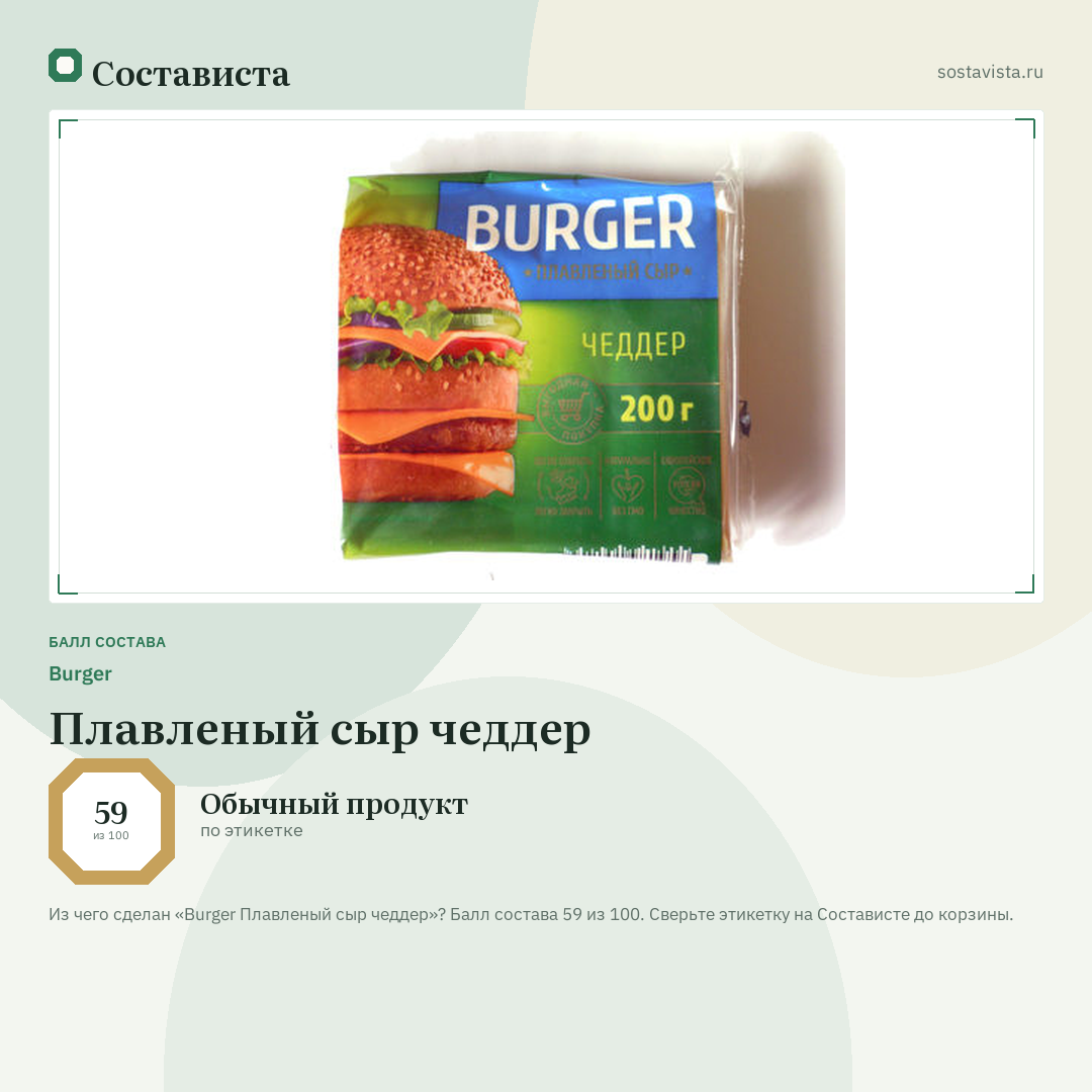 Burger Плавленый сыр чеддер: балл состава 59 из 100 — Состависта